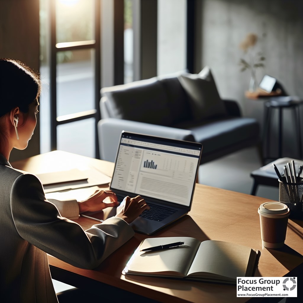 Professional woman working on laptop at home office desk