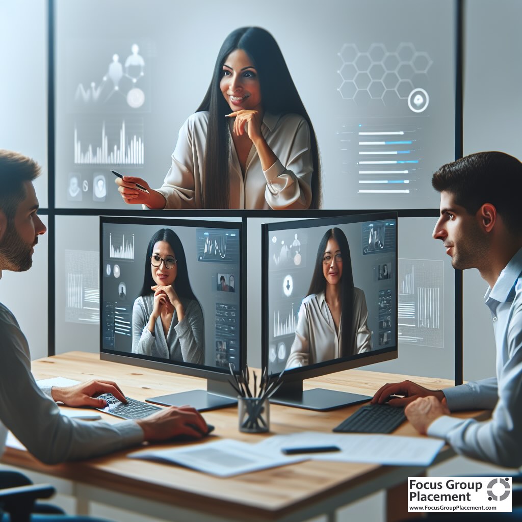 Diverse group of people sitting around a conference table in a modern office setting during a focus group discussion, facilitator visible but laptop screens not readable, professional lighting