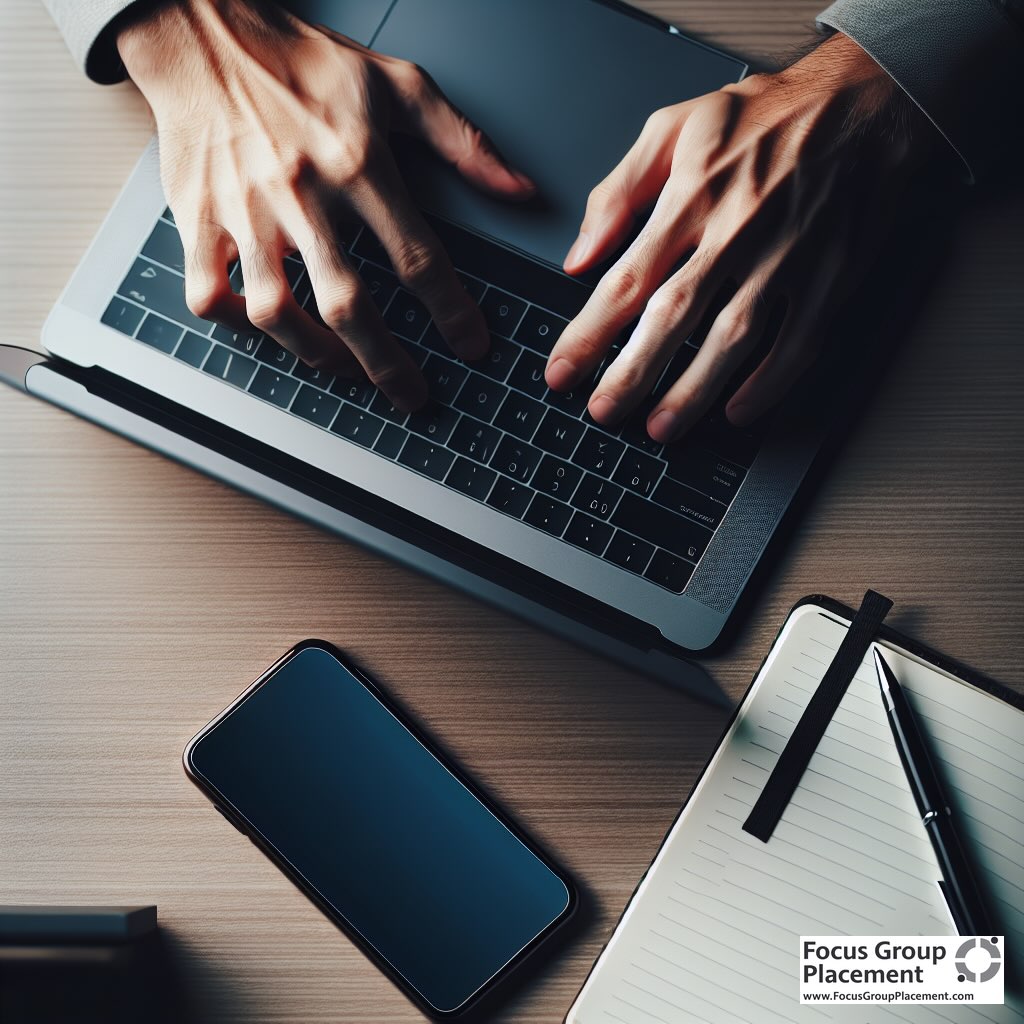 Person's hands typing on laptop keyboard with smartphone nearby showing survey app interface