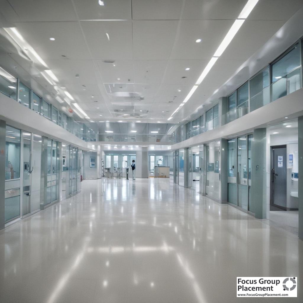 Modern clinical research facility with medical professionals and testing equipment