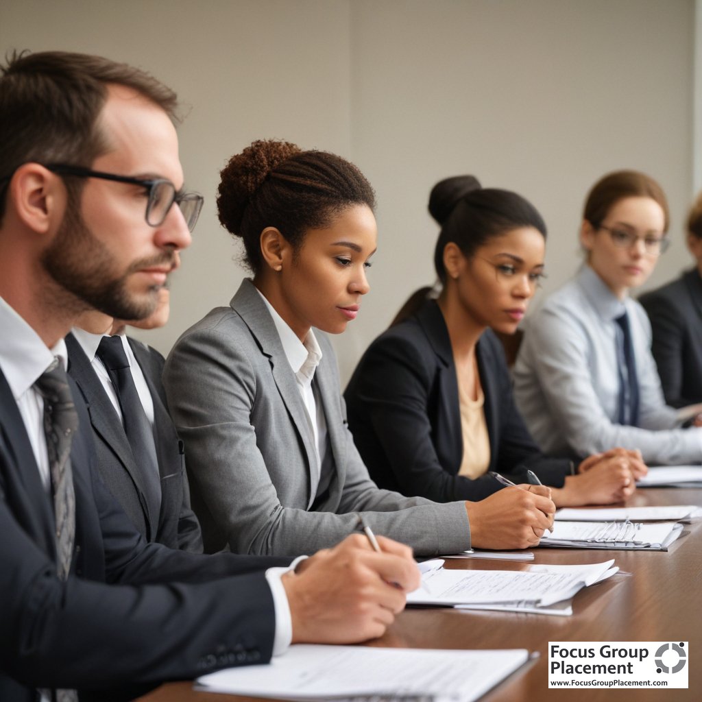 Professional legal focus group participants providing feedback during mock trial session