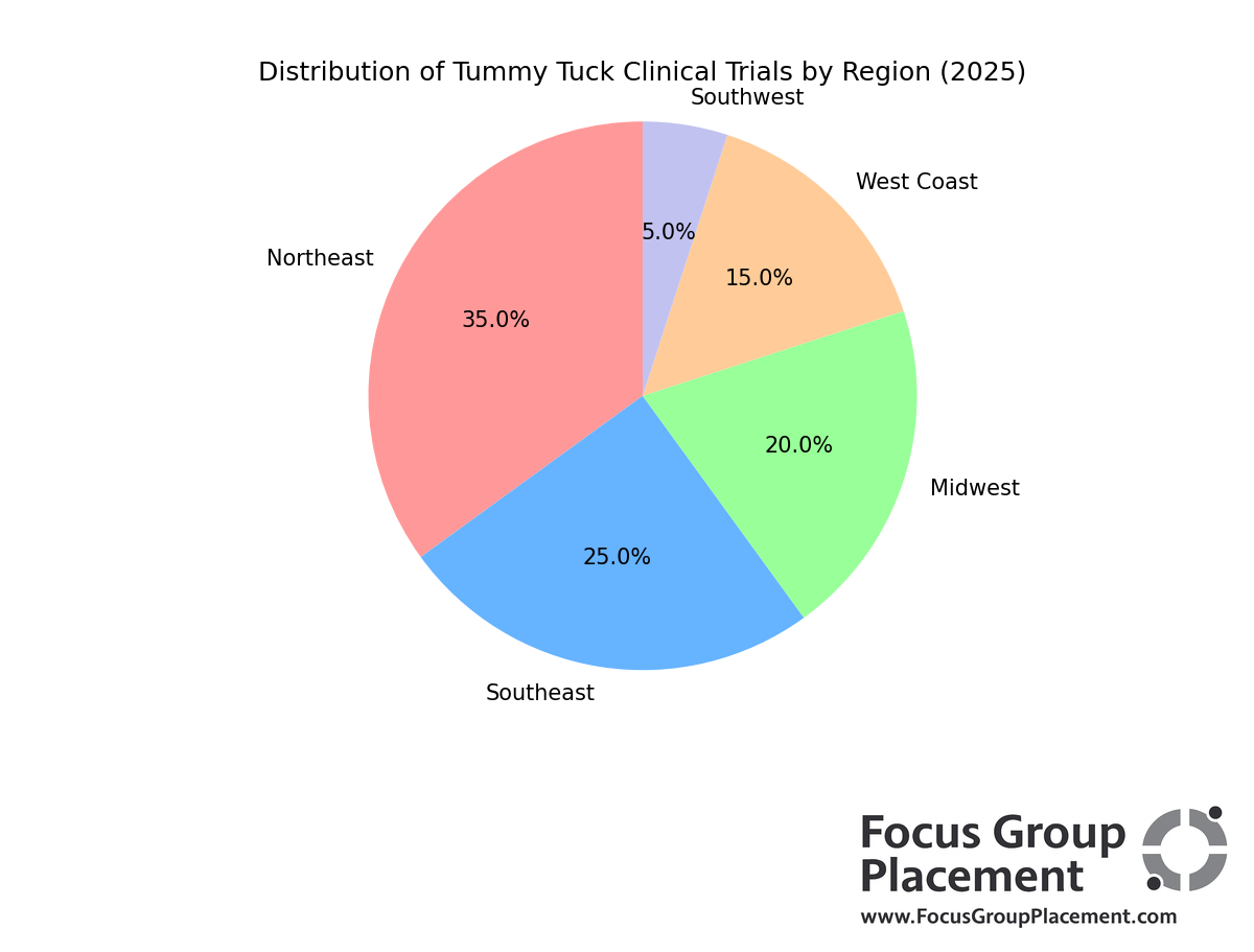 Pie chart showing regional distribution of tummy tuck clinical trials in 2025
