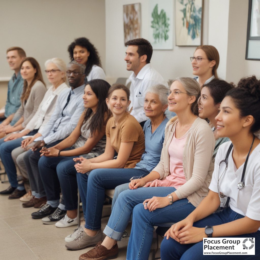 Diverse Austin clinical trial participants in research facility waiting area