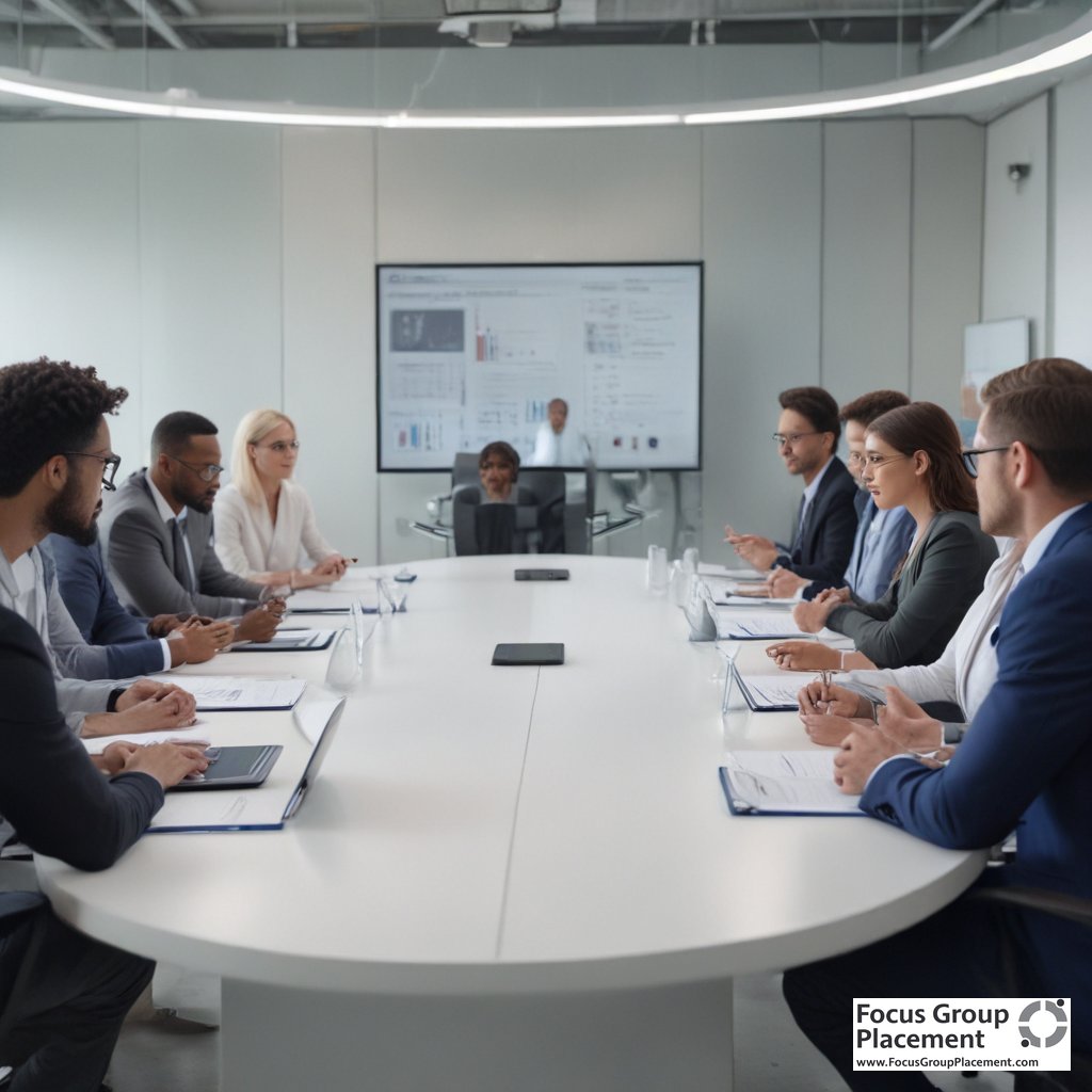 Participants in a paid group study discussing products around a conference table