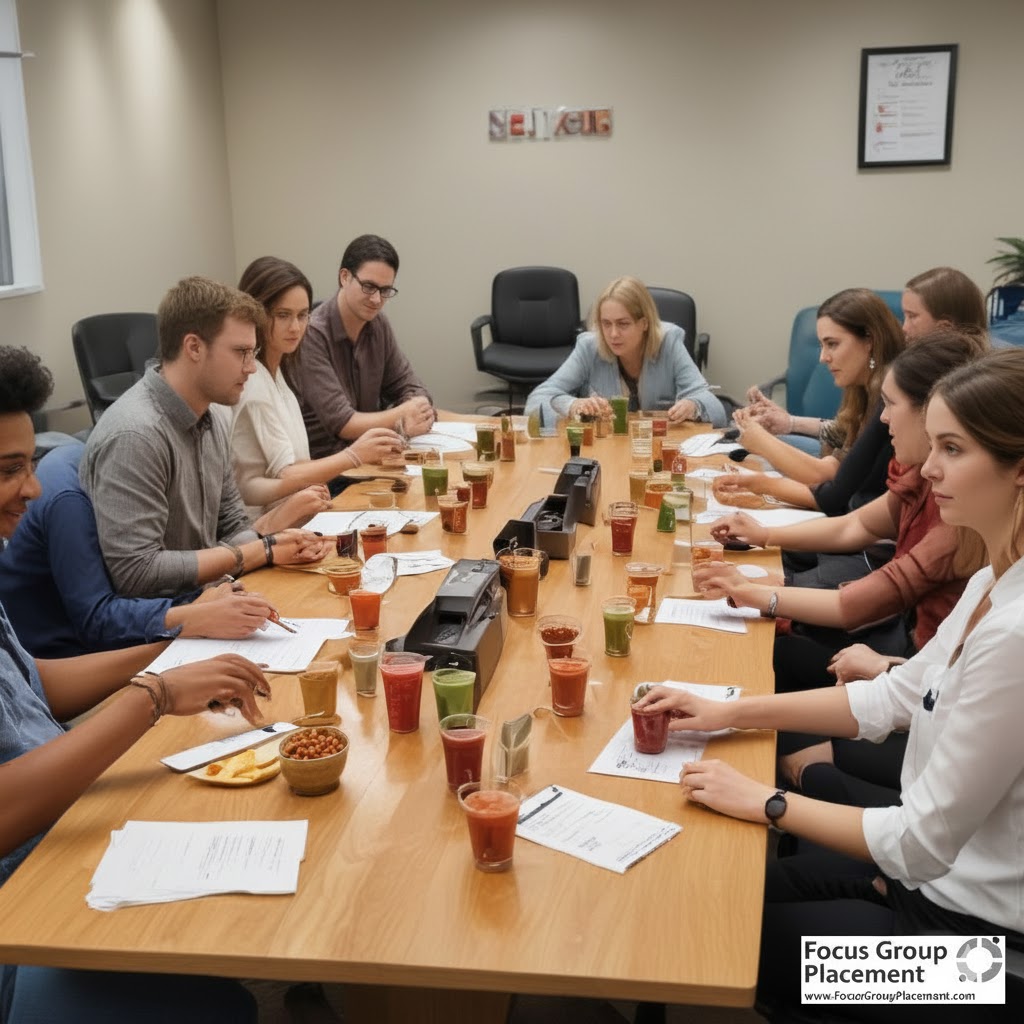 Focus group participants evaluating The Fresh Chile Company salsa products in professional market research facility