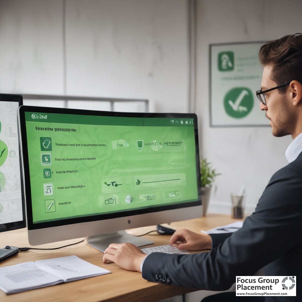 Person evaluating survey sites on computer with warning indicators and approval checkmarks
