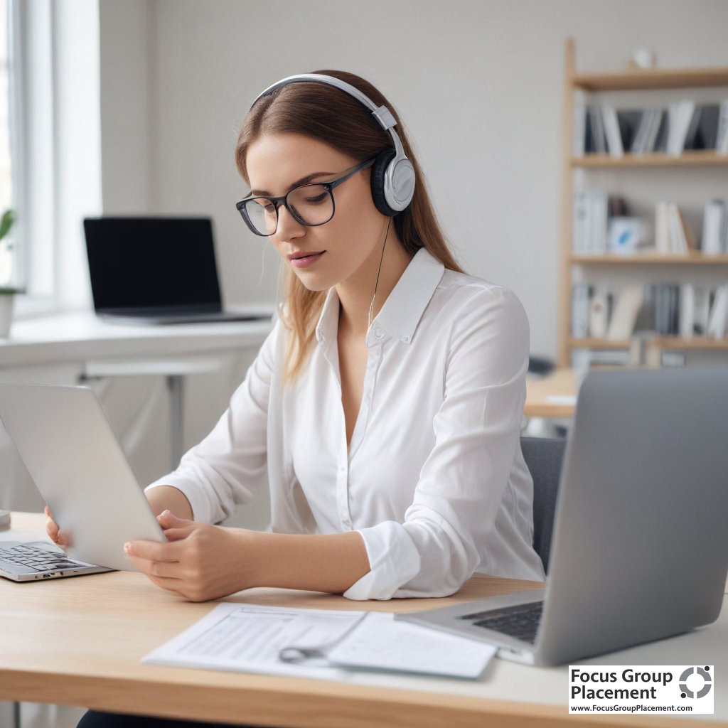 Woman conducting usertesting evaluation on multiple devices for website testing jobs