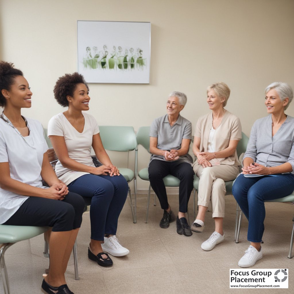 Diverse group of healthy volunteers in clinical research facility waiting room
