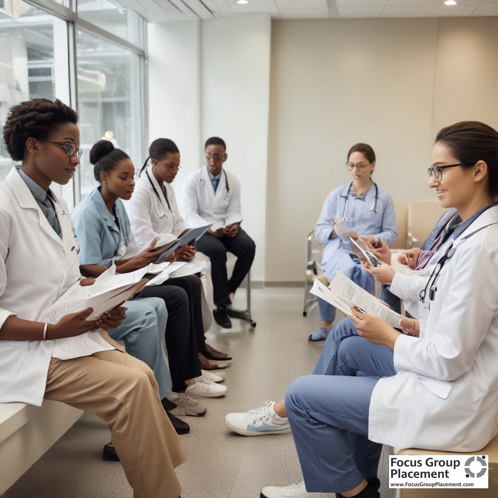 Clinical trial participants reviewing study information in medical research facility waiting room