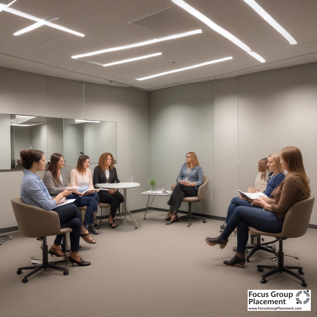 Plaza Research focus group facility interior with participants discussing products