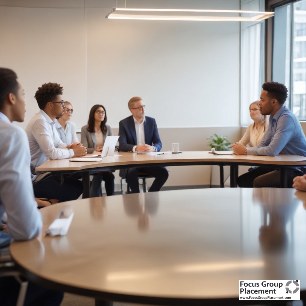 Focus forward research participants discussing products in professional market research facility