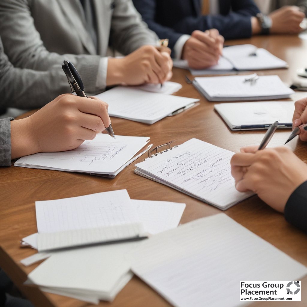 Participant taking detailed notes during a market research focus group session