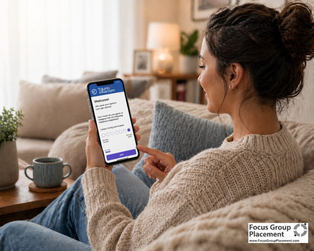 Person completing Toluna Influencers surveys on a smartphone from the comfort of home