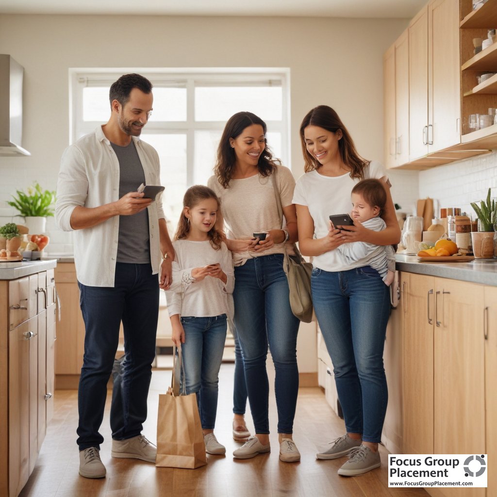 Family using Nielsen Homescan consumer panel app to scan grocery purchases at home