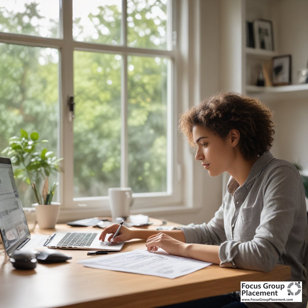 Person completing an American Consumer Opinion survey at a home desk in a bright, productive workspace