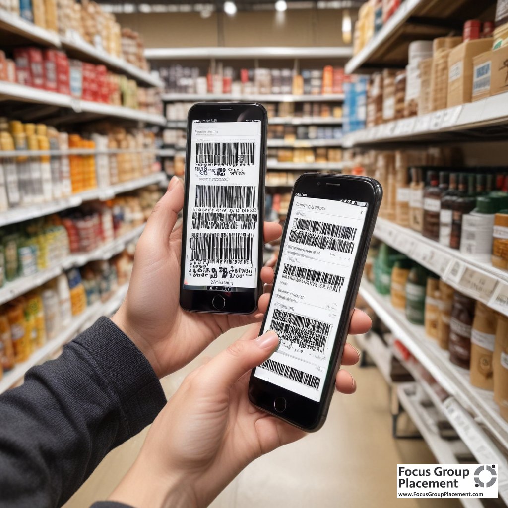 Person scanning product barcode with smartphone for Nielsen Homescan market research participation