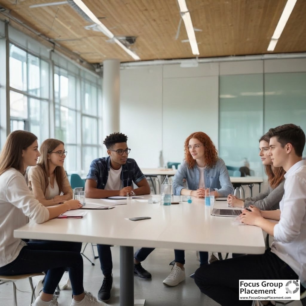 Teens participating in legitimate focus groups for teens with an adult moderator in a professional research setting