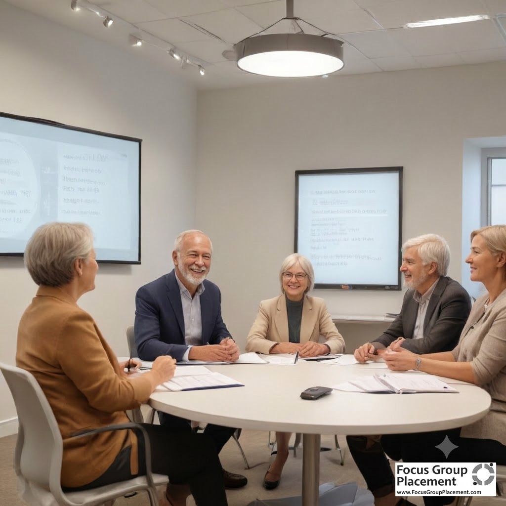 Senior adults participating in a paid senior focus group discussion at a professional market research facility