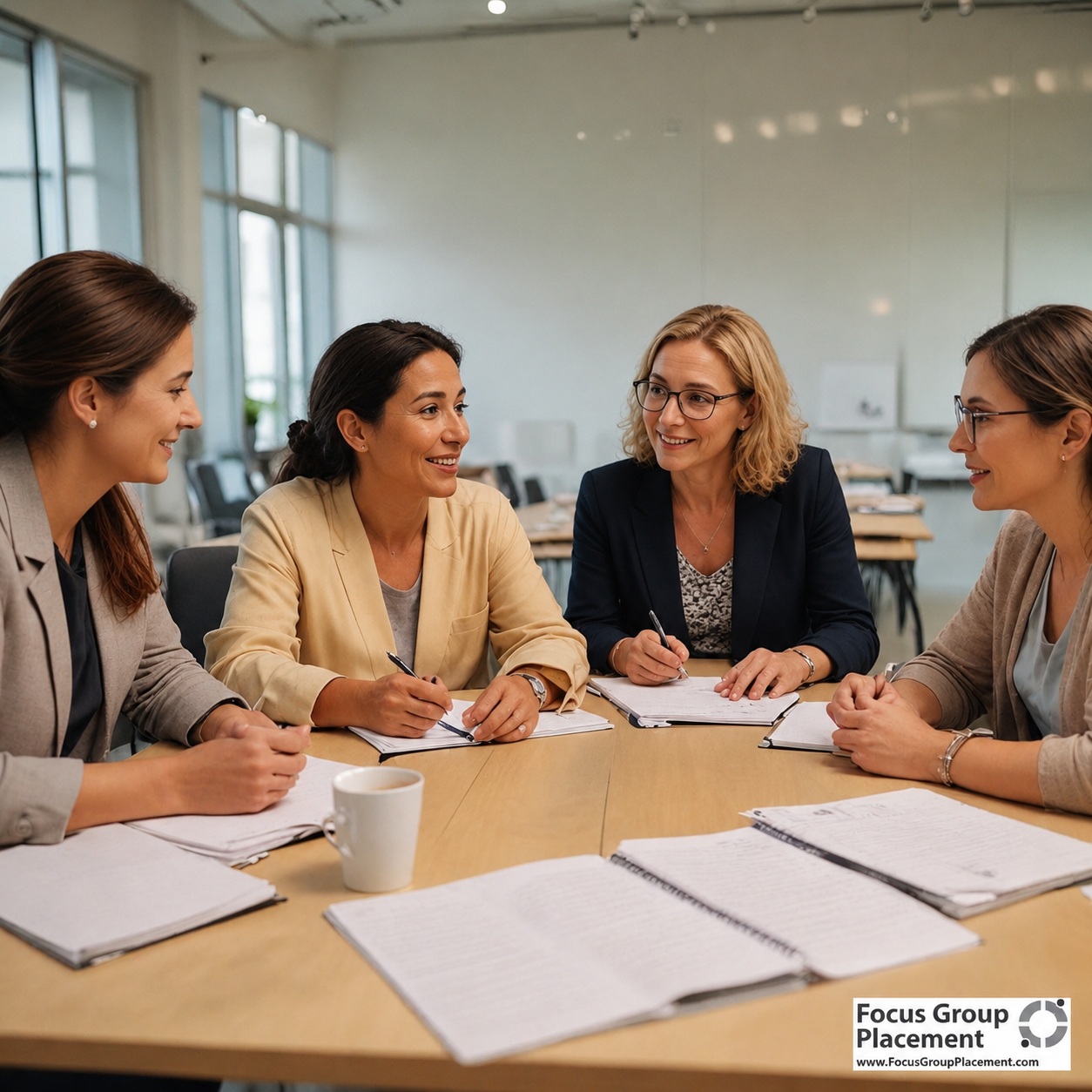 Mothers participating in mom focus groups discussion at a professional market research facility