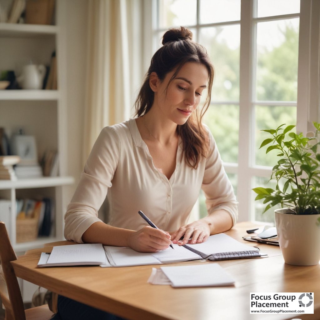 A mother taking notes while preparing to participate in a mom focus group study from her home office