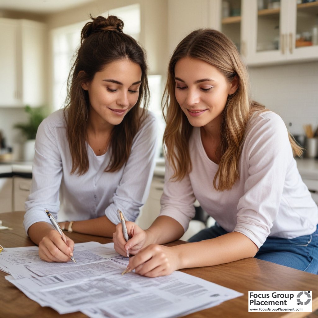 Parent and teen reviewing focus group consent documents together before registering for a youth market research study