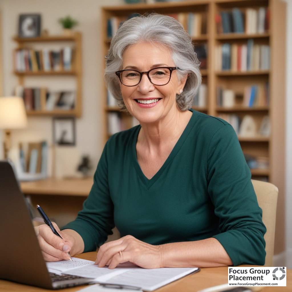 Senior woman preparing to participate in an online senior focus group from her home office