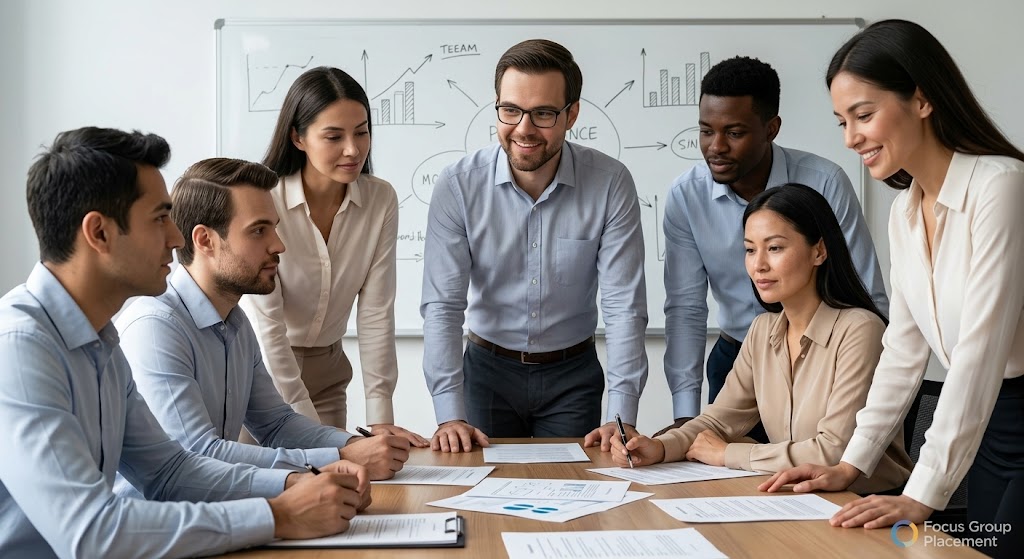 IT professionals participating in IT focus groups with a technology research moderator in a modern office setting