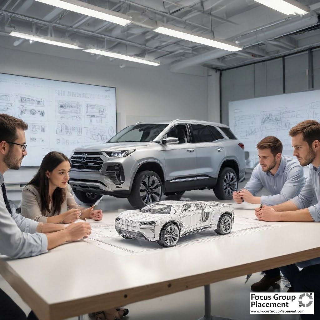Participants in an automotive focus group examining a vehicle model at a market research facility