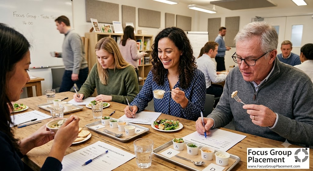 Participants in a food focus group tasting food samples and filling out evaluation forms at a market research facility.