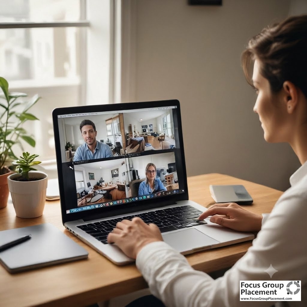 Online focus groups vs surveys: person comparing remote research options from a home office