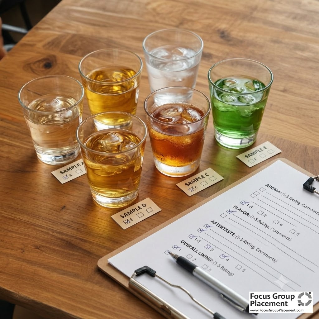 Close-up of beverage samples arranged for a taste testing study, with an evaluation form and pen visible beside the glasses.