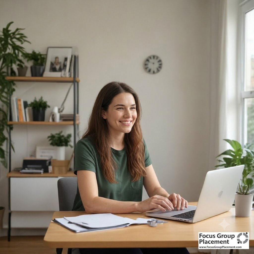 Woman joining an online paid focus group from home