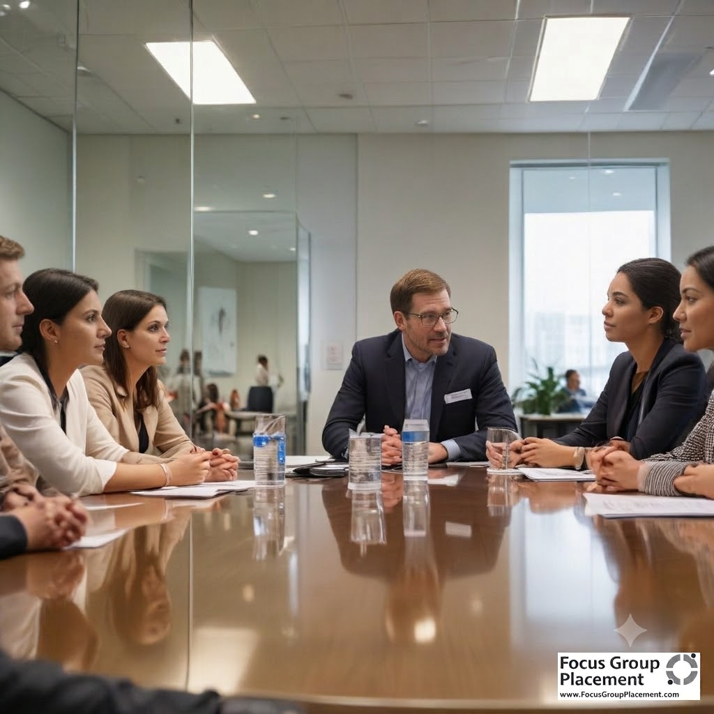 Participants in the best cities for paid focus groups taking part in an in-person market research discussion at a professional facility