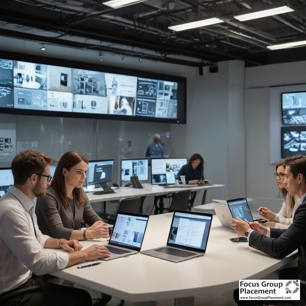 Participants engaged in a technology focus group session discussing software usability and user experience