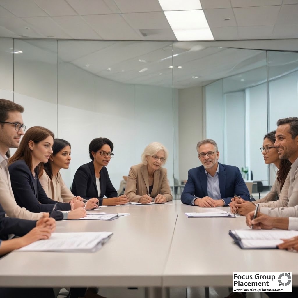 Political focus group participants in a discussion with a professional moderator at a research facility