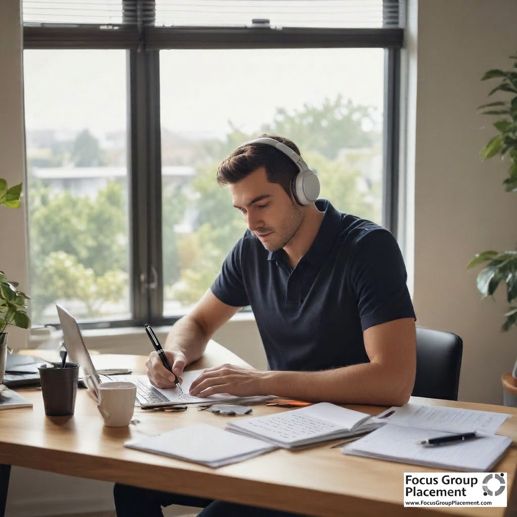 A participant engaged in a remote technology focus group session at a home office desk