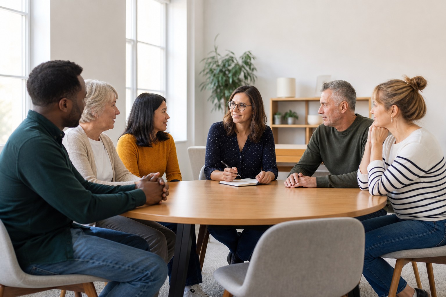 Adults discussing their experiences with a moderator at a market research session.