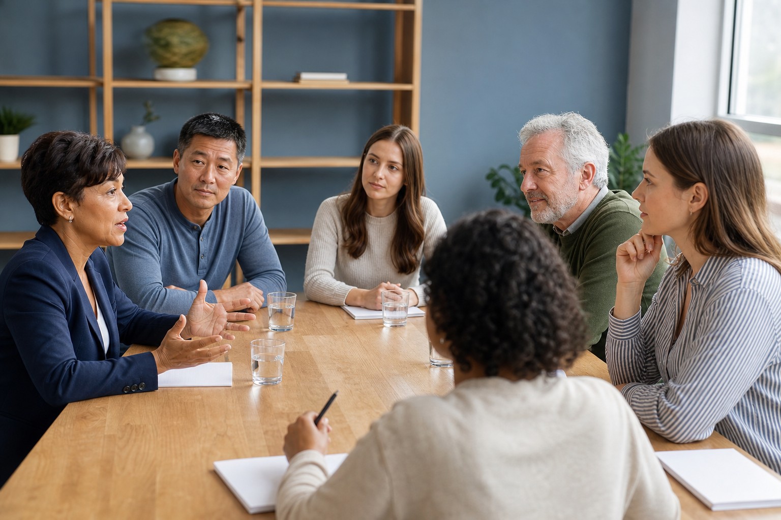 Adults sharing their experiences during a moderated focus group discussion