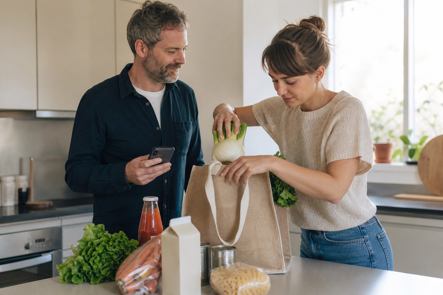 Two adults unpacking groceries in a kitchen, with one holding a smartphone.