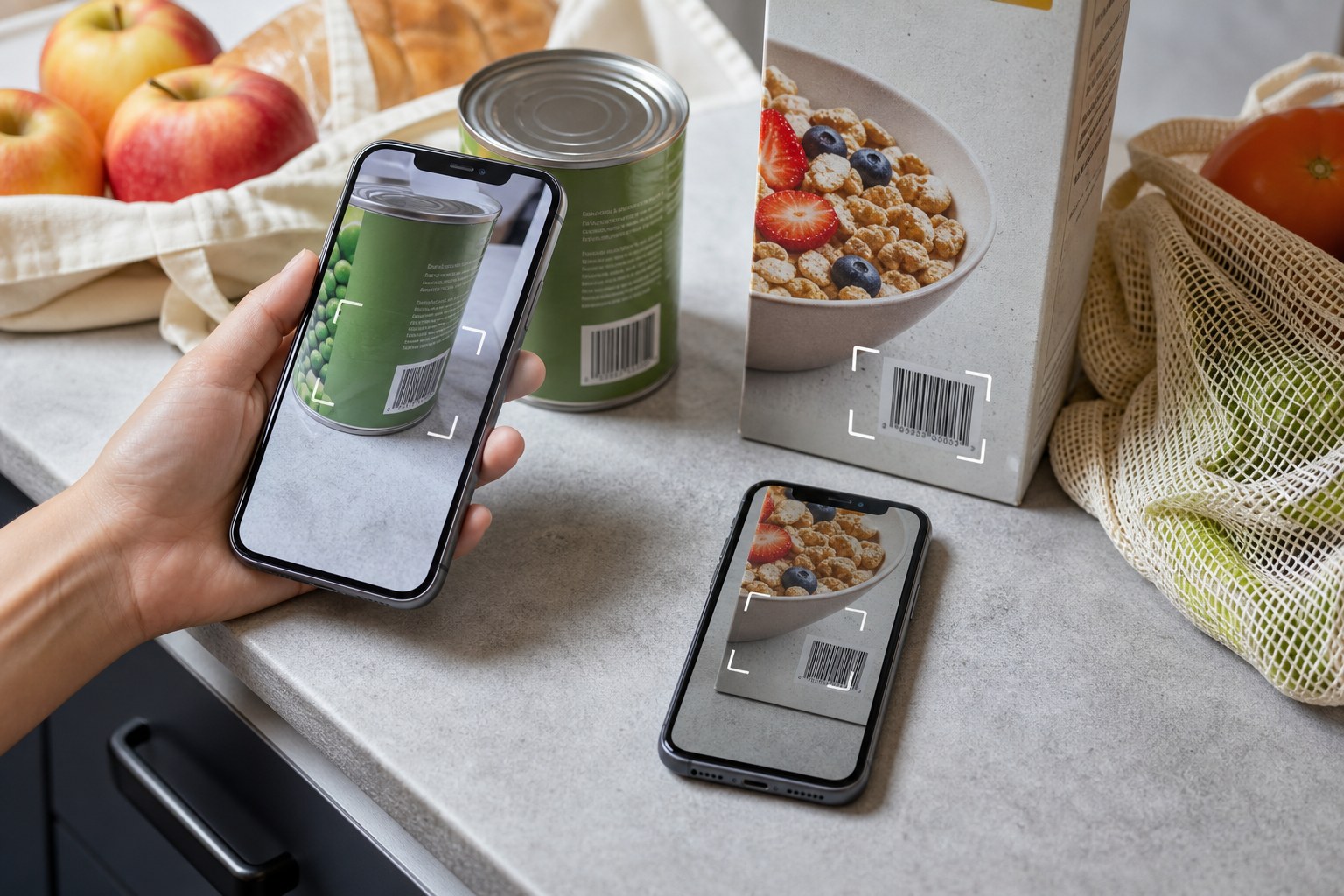 Two smartphones displaying grocery barcodes beside a food can, cereal box and fresh produce.