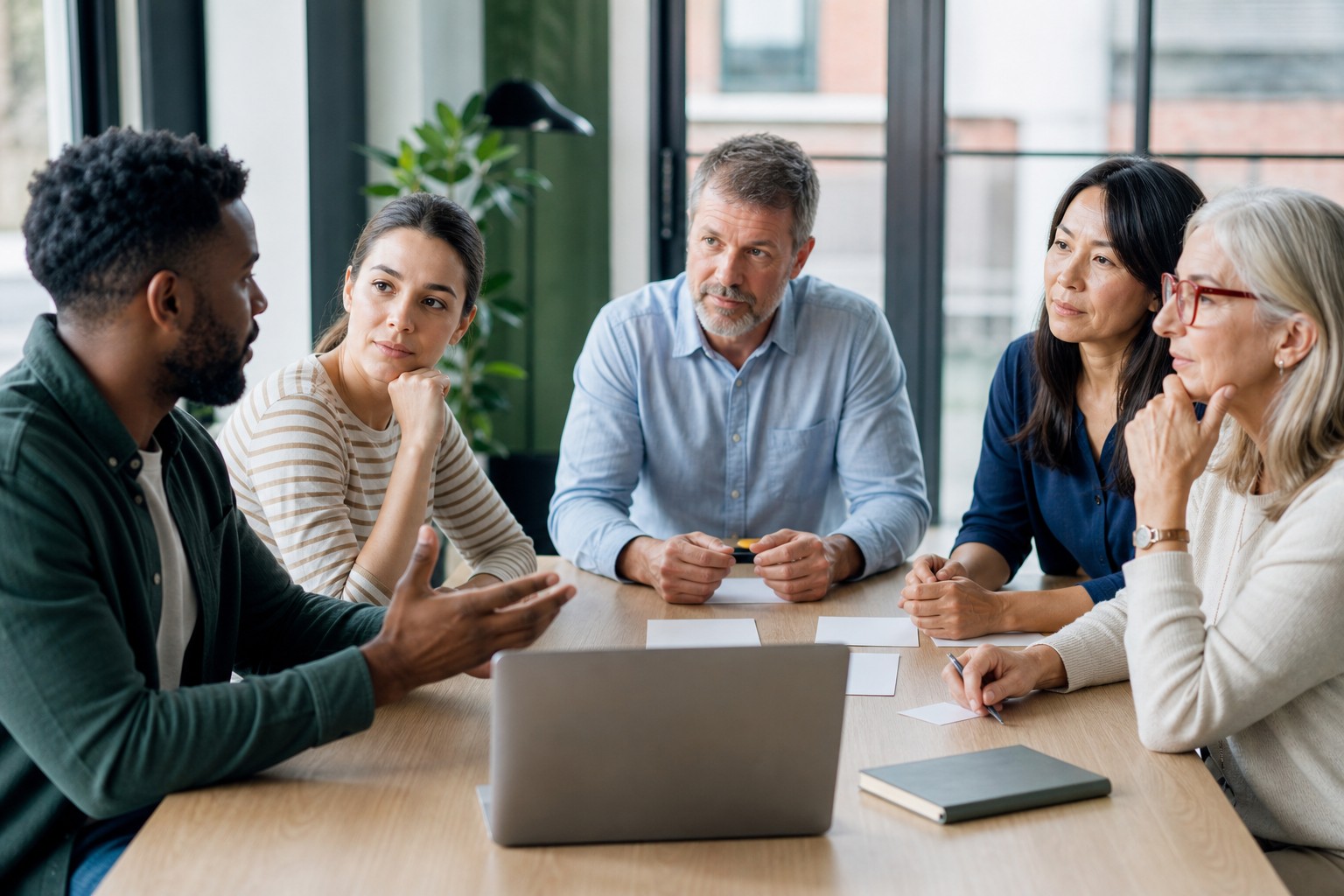 Five adults discussing their experiences around a table in a focus group setting